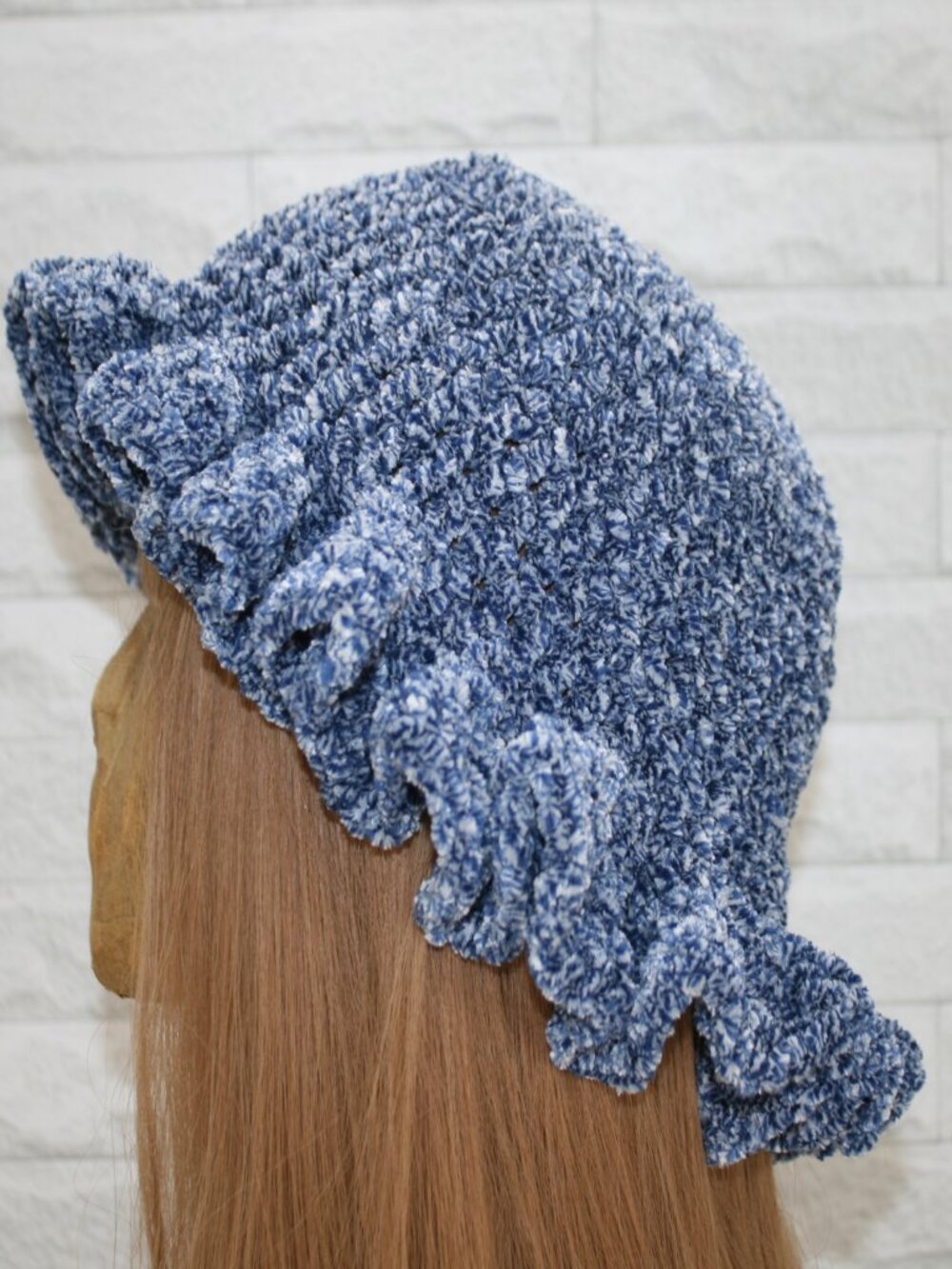 HAND CRAFTED Hat Crochet Bucket Chenille Winter Full Ruffle Blue Marled